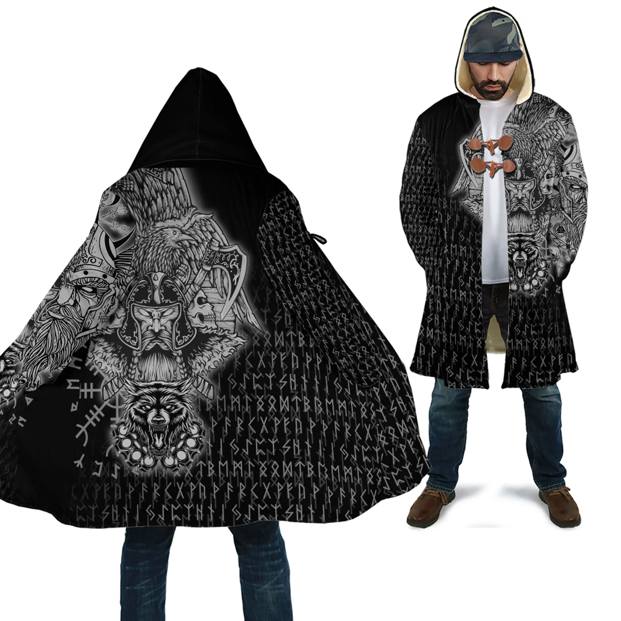 Tree And Wolf Turquoise Tattoo 3D All Over Printed Men's Fleece Hooded Cloak Winter Unisex Casual Thick Warm Cloak Coats PF105