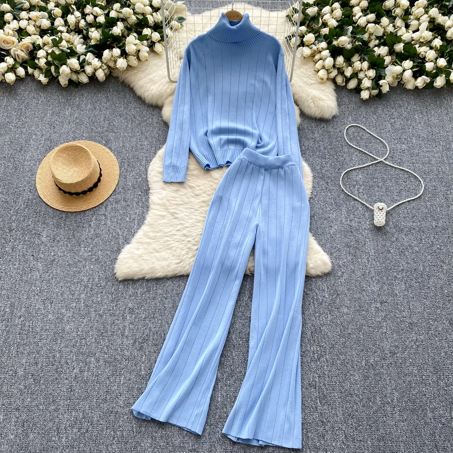 Sexy Basics Long Sleeve Button Knit Two Pieces Sets High Collar Top with High Waist Pants Casual Beach Vacation Sets