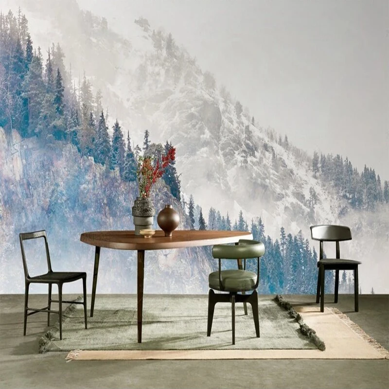 High-end light luxury blue and gray distant mountain landscape artistic conception picture TV luxury home decoration background