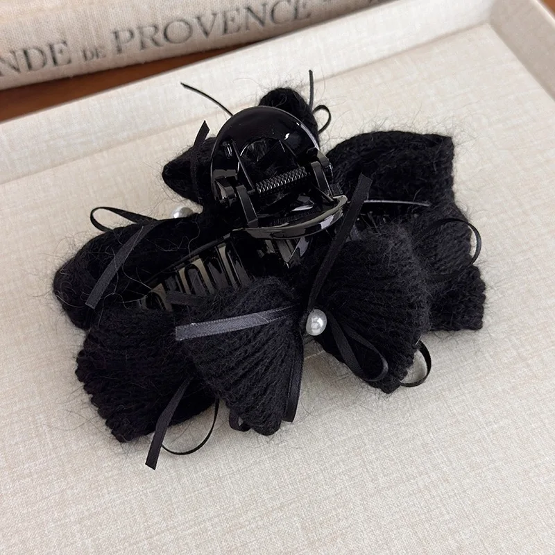 1pc Autumn/winter Korean-style yarn pearl ribbon bow hair claw, new high-end exquisite bun shark clip hair accessory