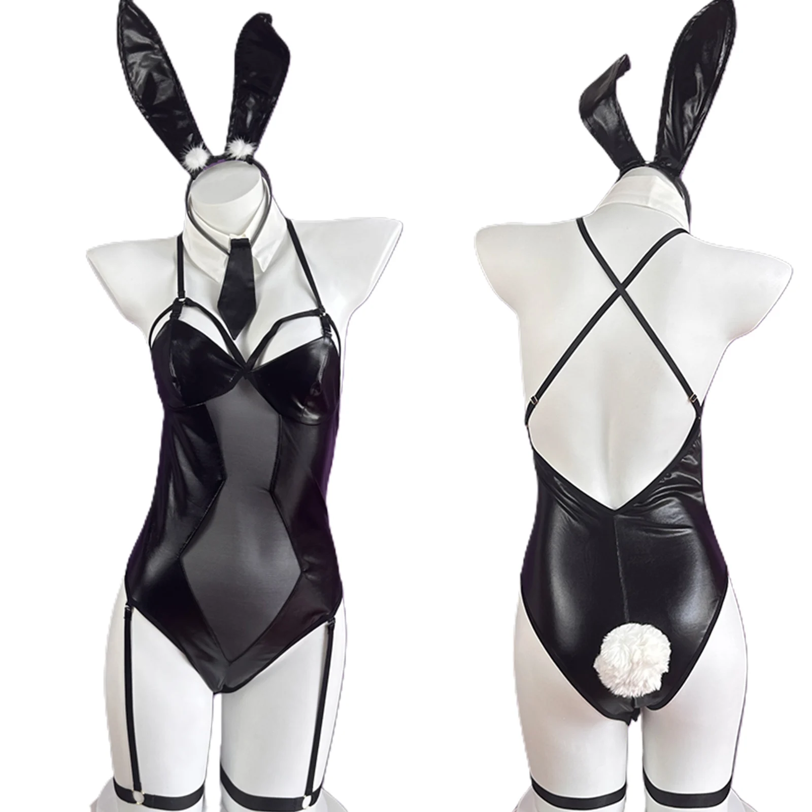 ホットセクシーバニーガールコスプレレザーディープVボディスーツプラッシュテールアニメメイド制服女性バックレスラビットジャンプスーツ衣装コスチューム