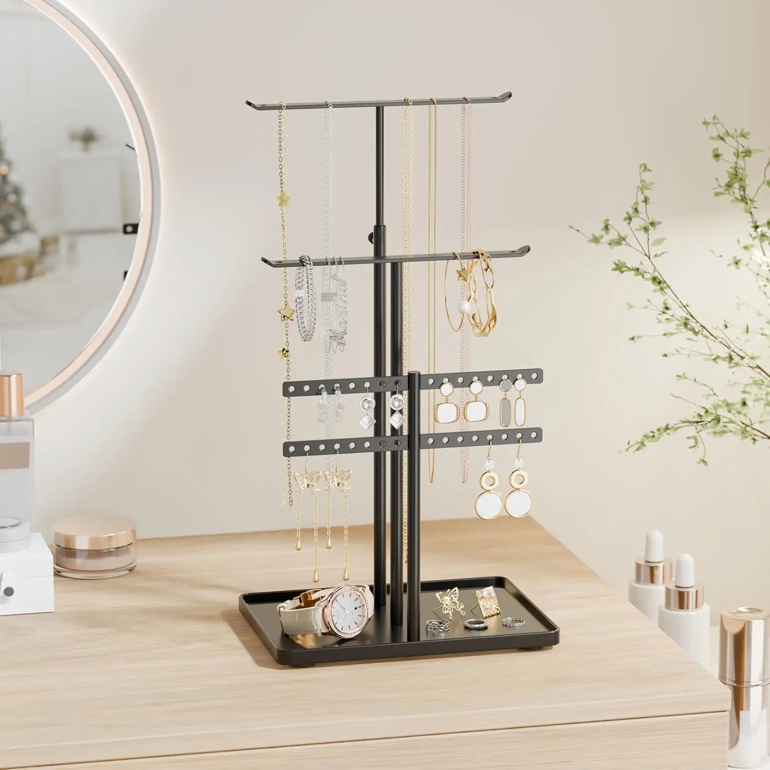 4-Tier Earrings Organizer w/Bracelet Storage Display & Velvet Ring Tray Cute Metal Aesthetic Jewelry Tower Rack for Women Girls
