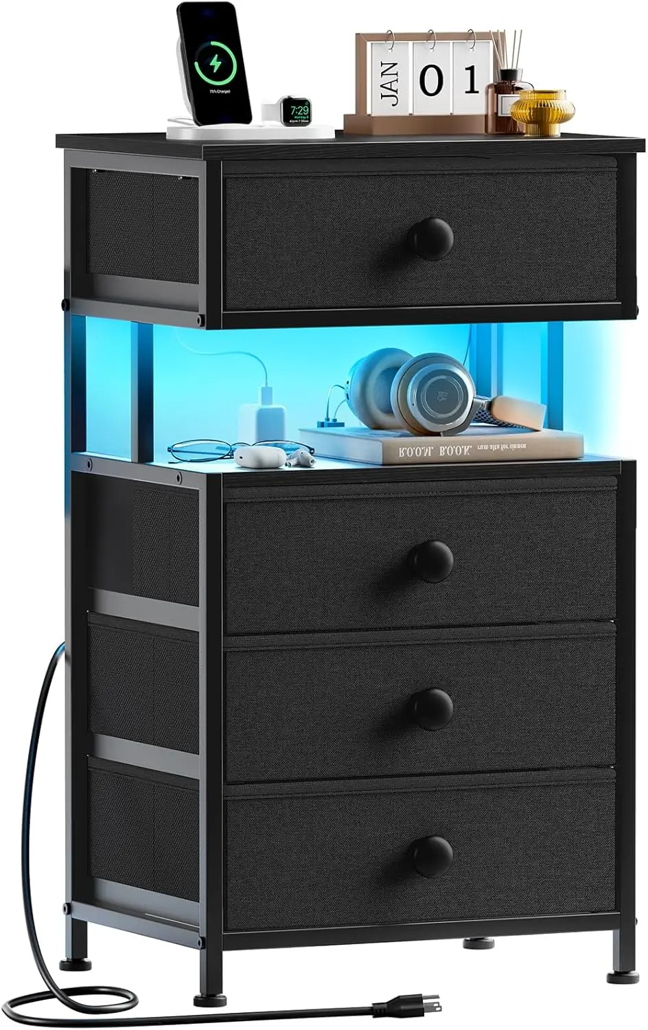 

Night Stand With Charging Station And Led Light, 4 Fabric Drawers Bla Bedside Table With Open Shelf, Modern End Table With