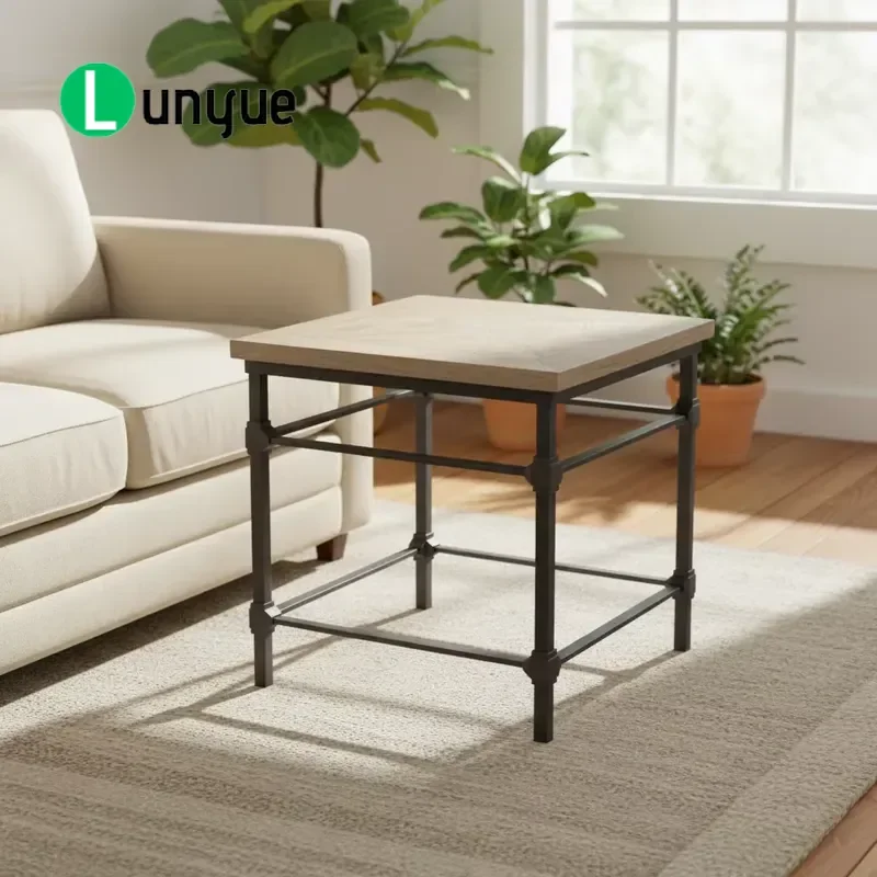 French Industrial Iron Frame Recycled Pine Desktop Antique Metal Hollow Square Side Table for Porch Living Room Vintage Decor