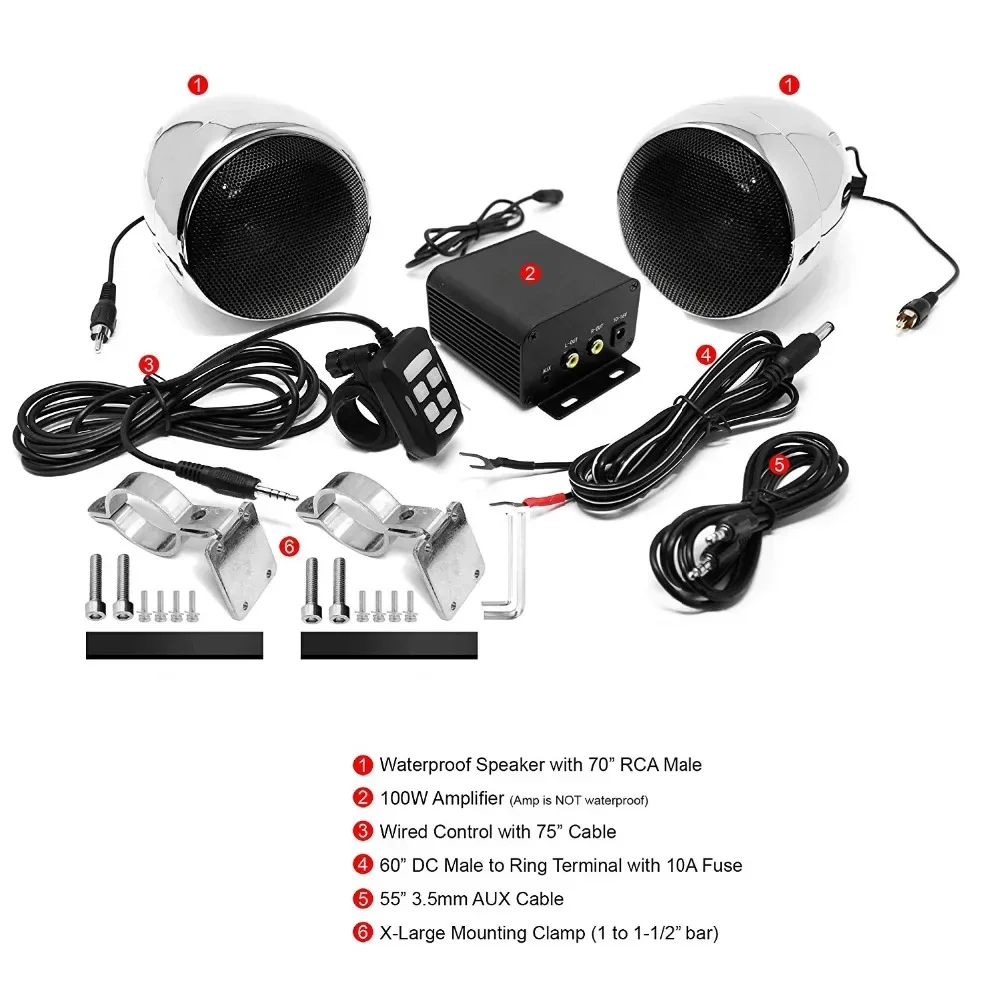 150W 2CH Motorcycle Audio System with Multimedia Stereo Amplifier, 4 Inches Waterproof Speakers, Bluetooth, FM Radio, AUX MP3