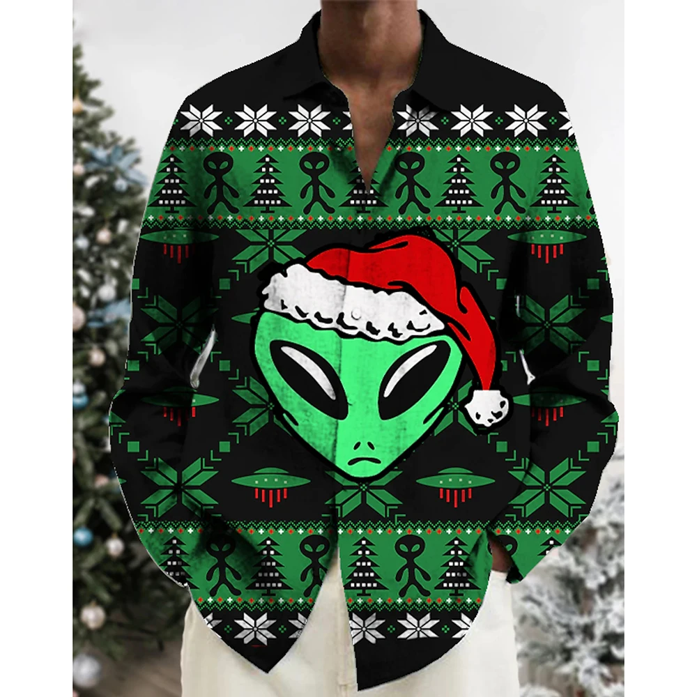 Christmas Day Shirt Stereo Print Hot Christmas Long Sleeve Shirt Party Men's Shirt Alien Pattern Casual Fashion Men's Clothing