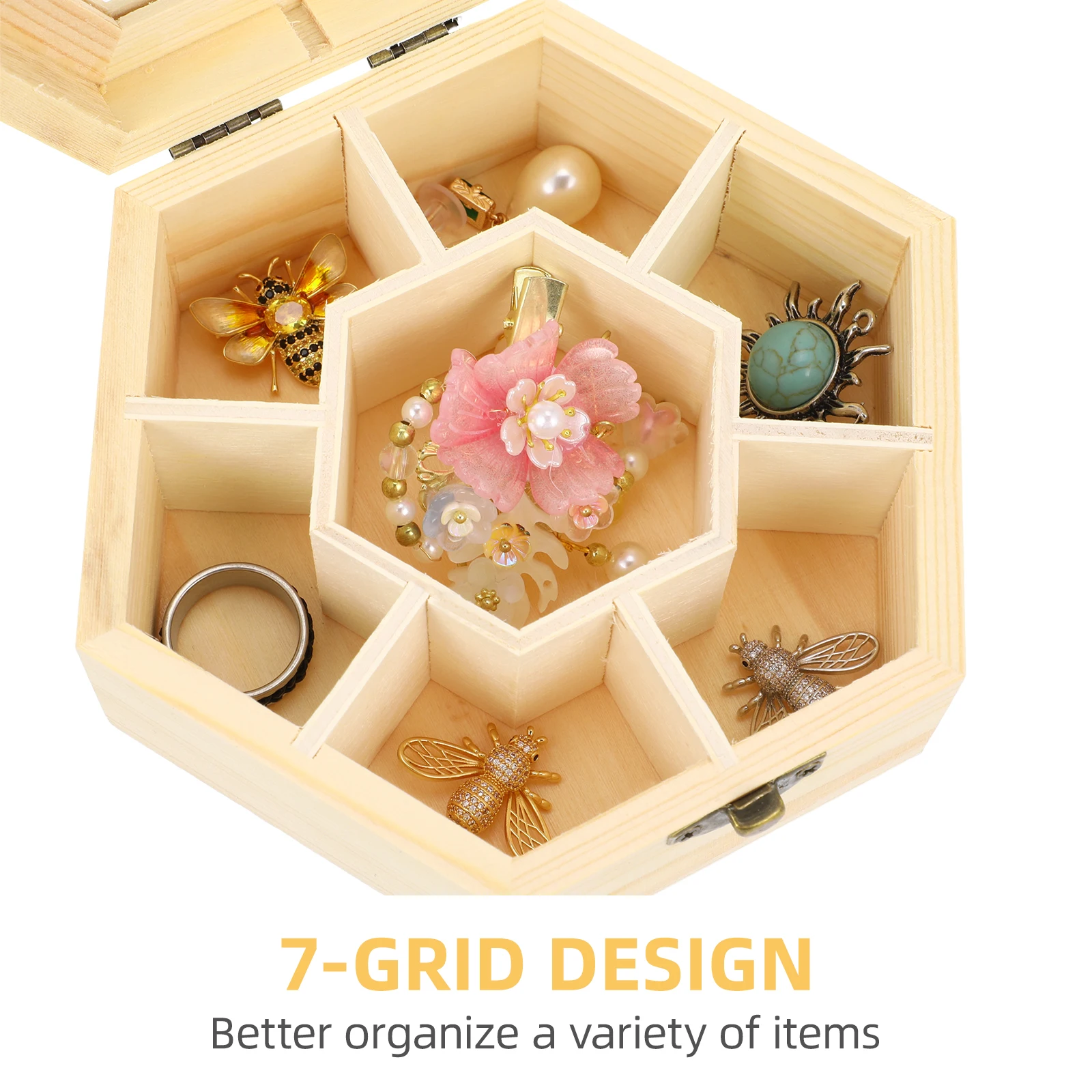 Hexagon Jewelry Box Retro Trinket Box Chest Storage Container Glass Lid Lock Handmade Collection Case Grid Division Display Box