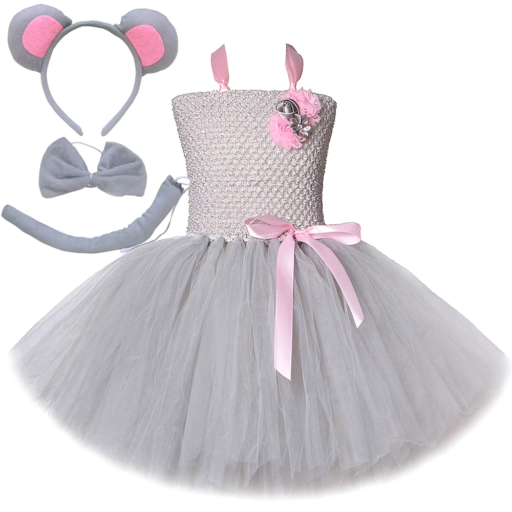 Pink Gray Easter Bunny Mouse Costumes Girls Rabbit Tutu Dress with Ears Tie Set Kids Halloween Animal Outfit Birthday Clothes