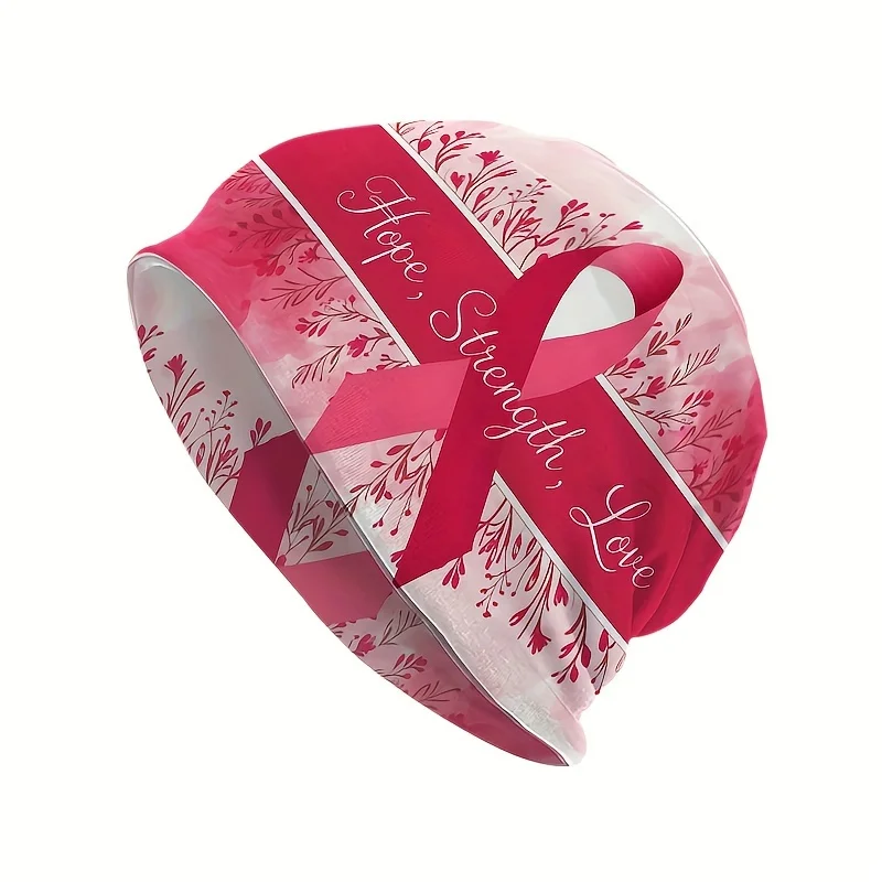 Unisex Breast Cancer Support Beanie Hat Polyester & Spandex Knit with Hope Strength Love Motif, Street Style, Comfort Stretch