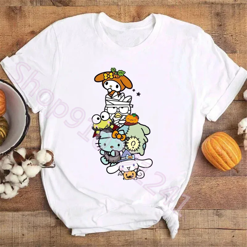 Halloween My Melody Print Pumpkin T-shirts for Women Spooky Season Graphic T-shirts Cinnamoroll T-shirts Fashion Women Clothes