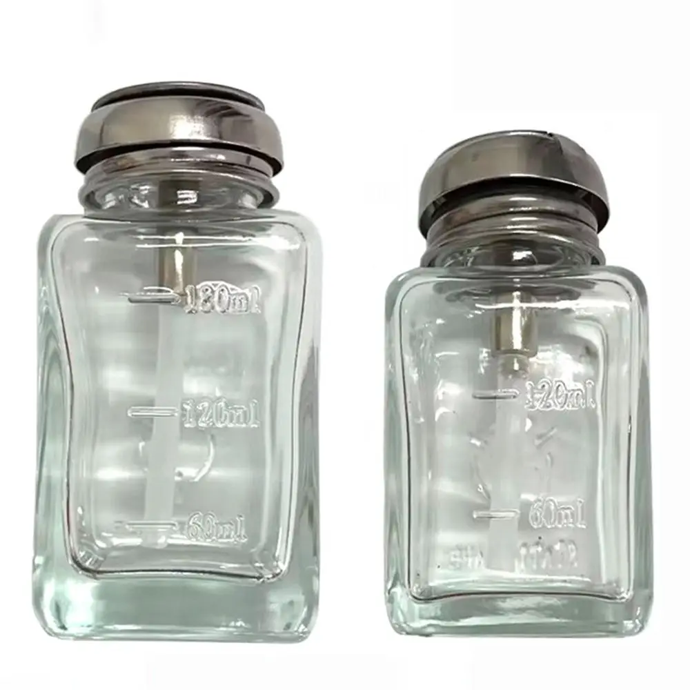 180ml/120ml Push Down Pump Dispenser Glass Square Liquid Pump Dispenser Bottle Anticorrosion Thicken Nail Polish Remover Bottle