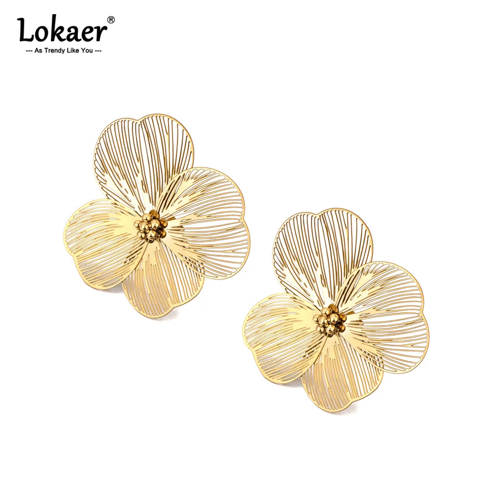 Lokaer Fashion 316L Stainless Steel Four Petals Flower Stud Earrings 18K PVD Gold Plated Daily Handmade Jewelry for Women E24196