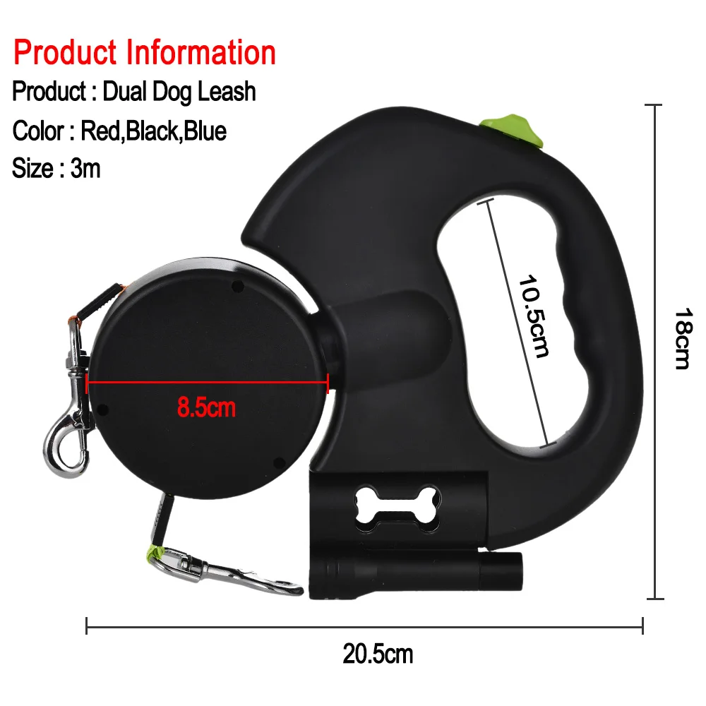 Retractable Double Dog Leash with Flashlight 6