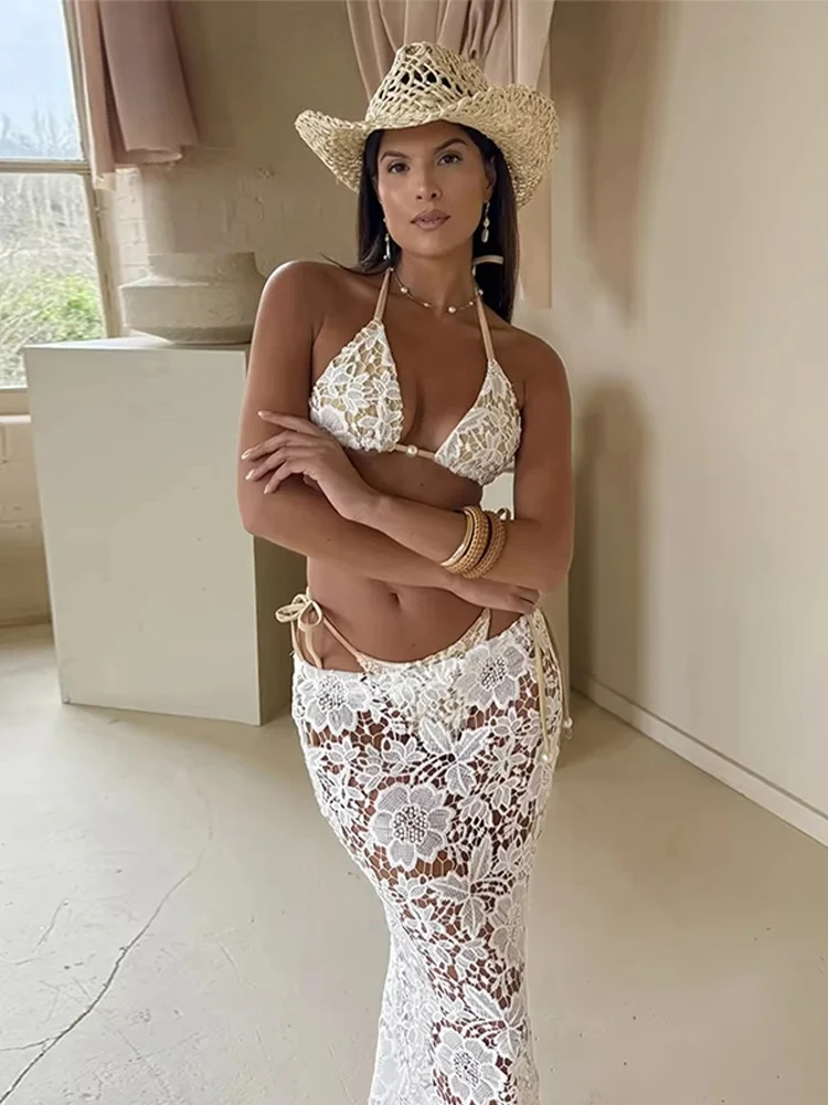 

Сексуальное кружевное бикини, жилет, юбки, комплекты женских жемчужных укороченных топов с лямкой на шее, длинная юбка с вырезами на бедрах, летние женские пляжные наряды