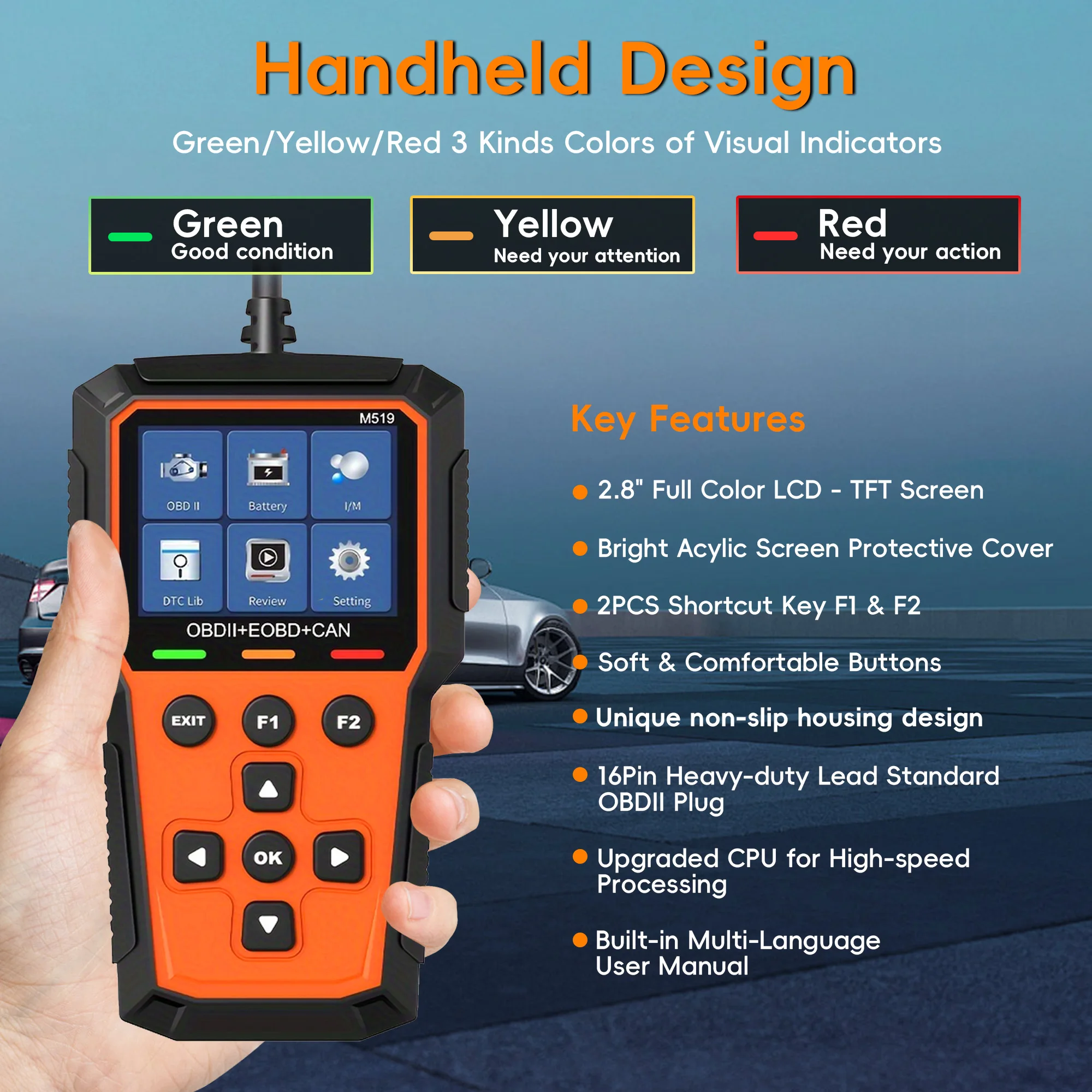 OBD2 Scanner with Smog Check & Check Engine Light Reset, Read/Clear Error Code, Live Data, DTC Lookup, On-Board Monitor Test