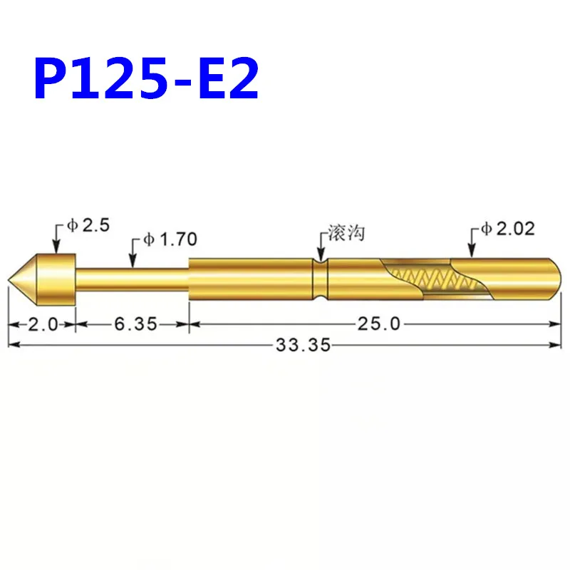 100PCS/Bag P125-E2 Cone Head Spring Test Pin Outer Diameter 2.02mm Length 33.35mm for ICT Testing