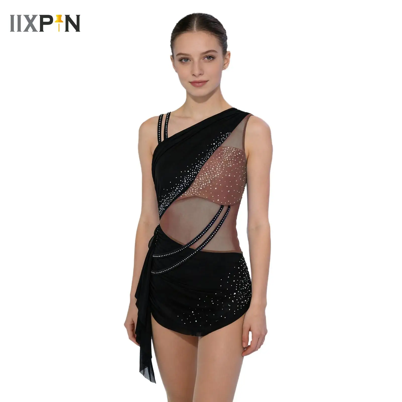 

Women Figure Skating Jumpsuit Dress Asymmetrical Shoulders Rhinestones Ruched Skirt Bodysuit Latin Ballet Performance Dancewear