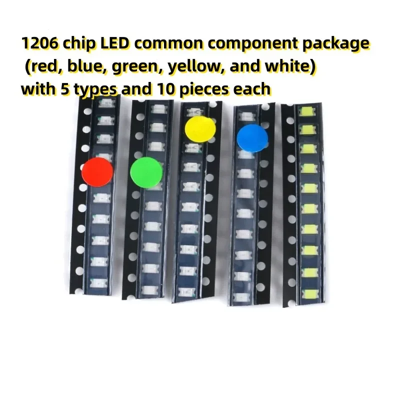 

4pcs 1206 chip LED common component package (red, blue, green, yellow, and white) with 5 types and 10 pieces each