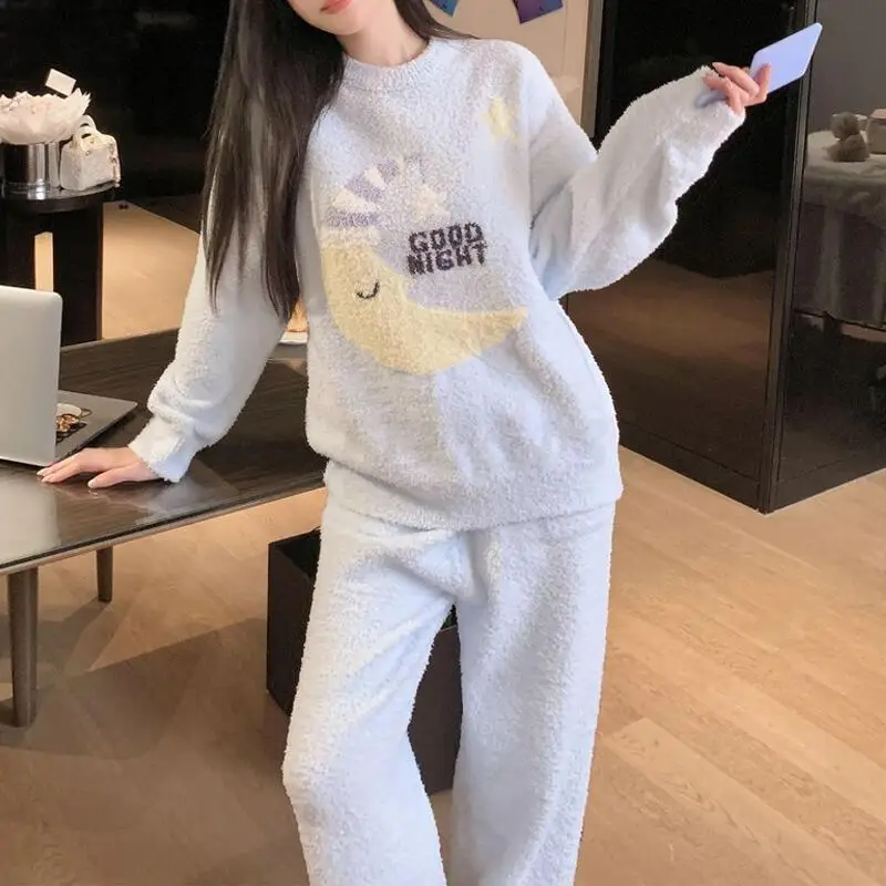 

Sweet Cute Flannel Pajamas Set Autumn Winter Female Sleepwear Trouser Pyjamas Suit Thick Coral Fleece Loose Lounge Wear Homewear