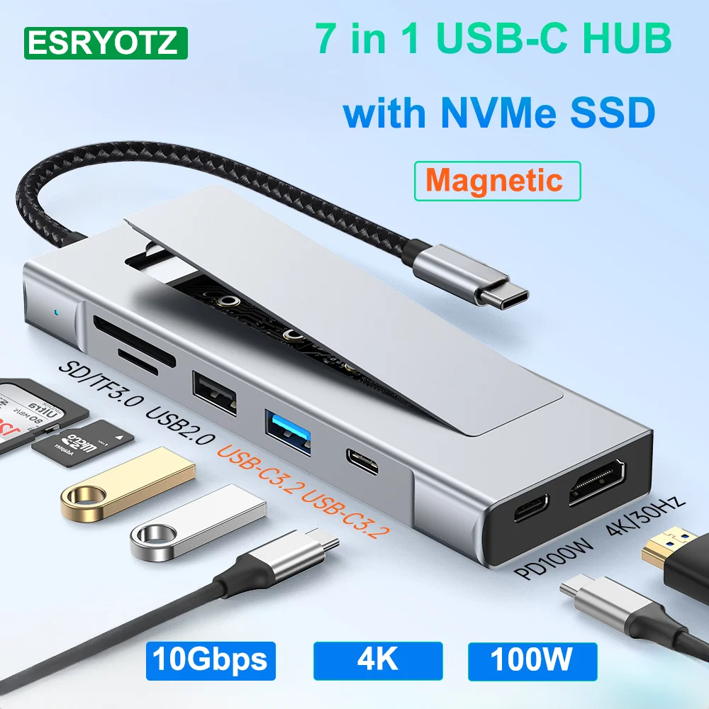 8-in-1 USB Hub M.2 NVMe SATA SSD Enclosure Storage USB3.2 Type-c to HDMI-Compatible Laptop Dock Station USB Adapter For Macbook