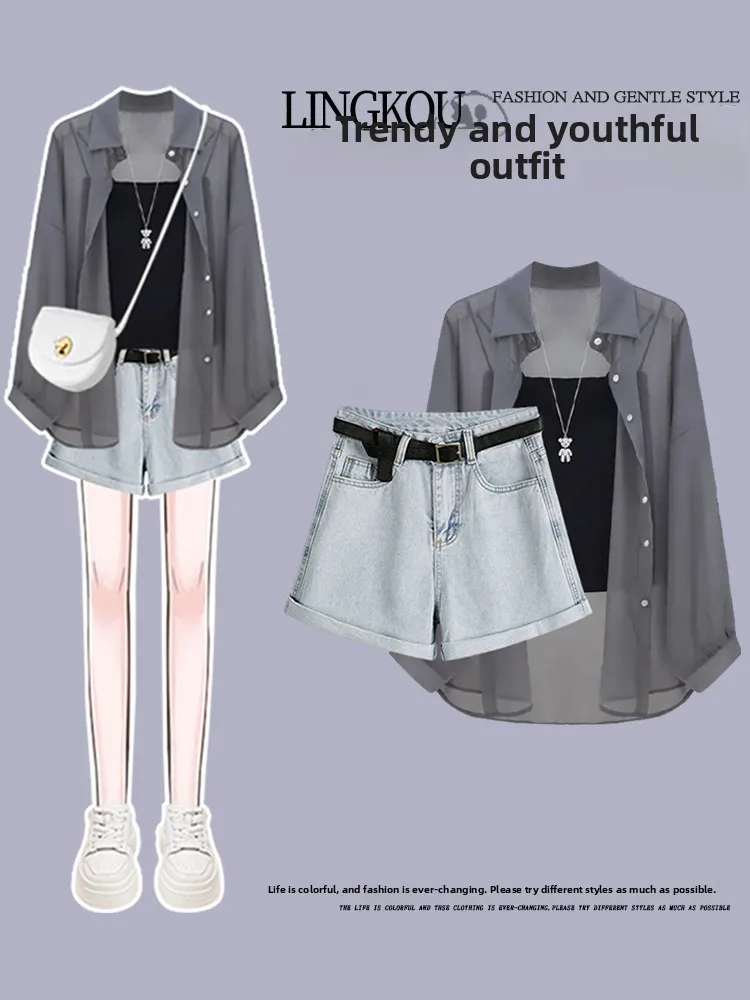 طقم صيفي مضاد للشيخوخة للنساء، مكون من ثلاث قطع: توب أسود بأكمام طويلة ورفيع للحماية من الشمس مع شورت جينز وياقة بولو عصرية. #2