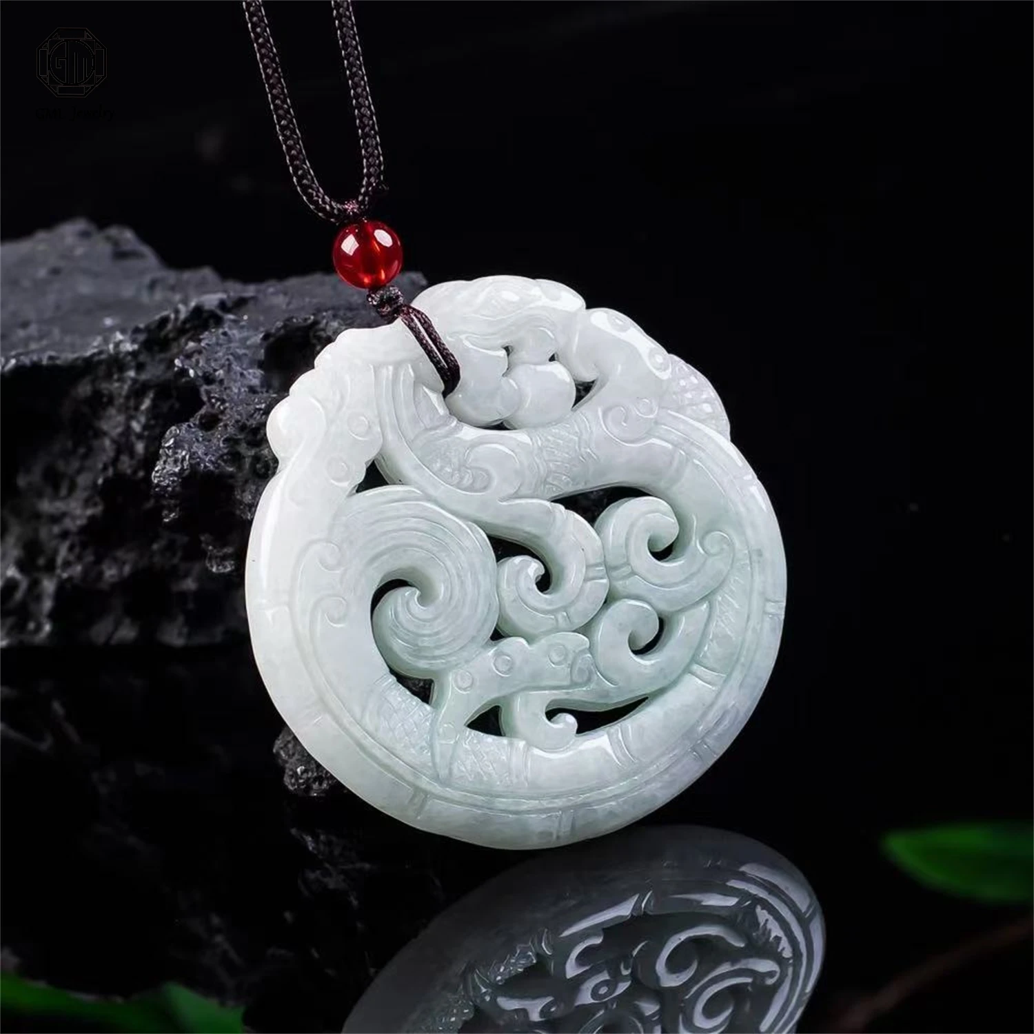 Natural Grade A Burma Jadeite Round Openwork Double Sided Dragon Plaque Pendant Unisex Gemstone Exquisite Necklace Jewelry Gift