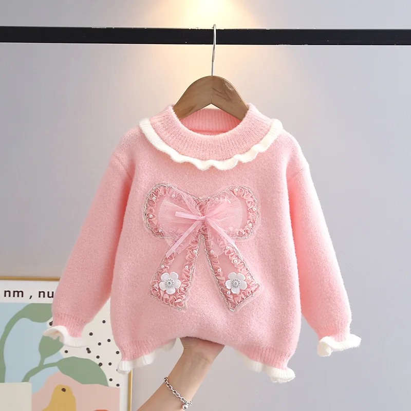 Fashion Bow-knot Knitting Baby Girls Sweaters Long Sleeves Outwear Little Girl Knitwear Jumpers 3-11Y Pullovers Clothing IY07171