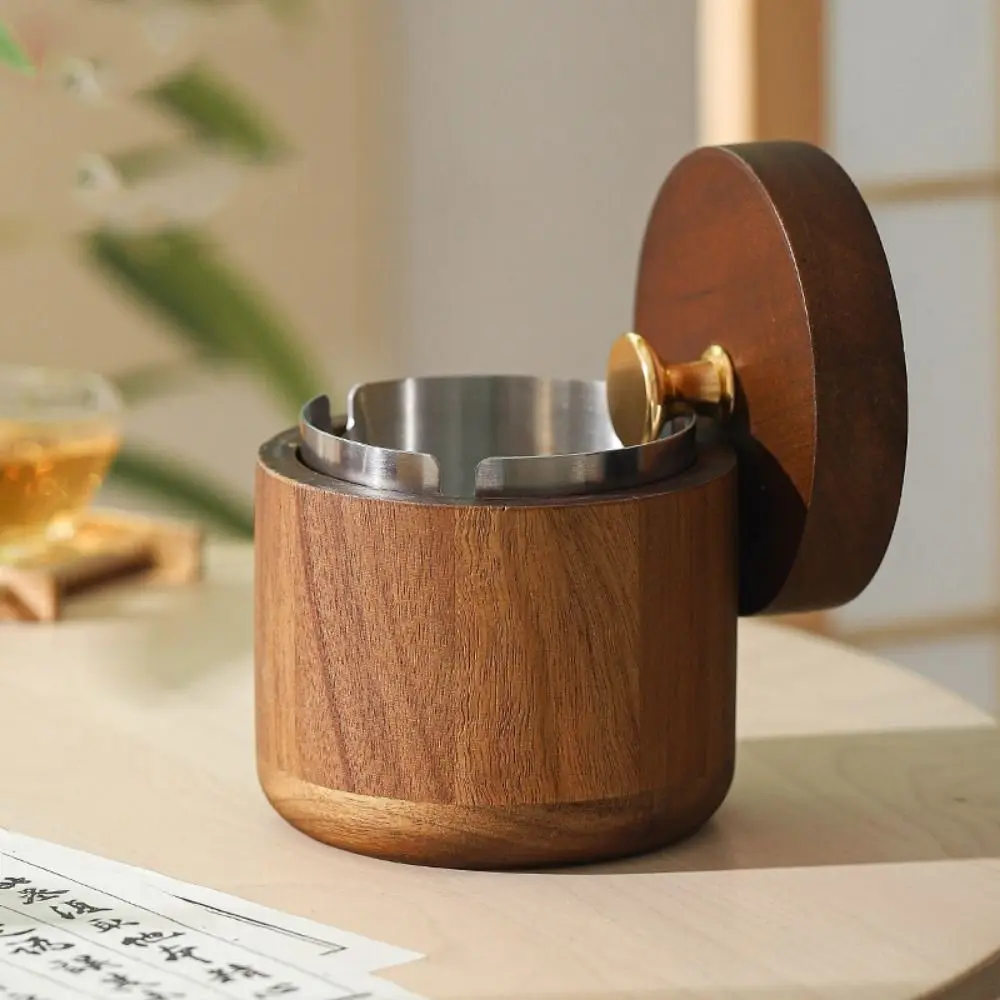 Retro Wood Ashtray Round Stainless Steel Inner Desktop Ash Tray Removable Inner Liner Windproof Ash Container