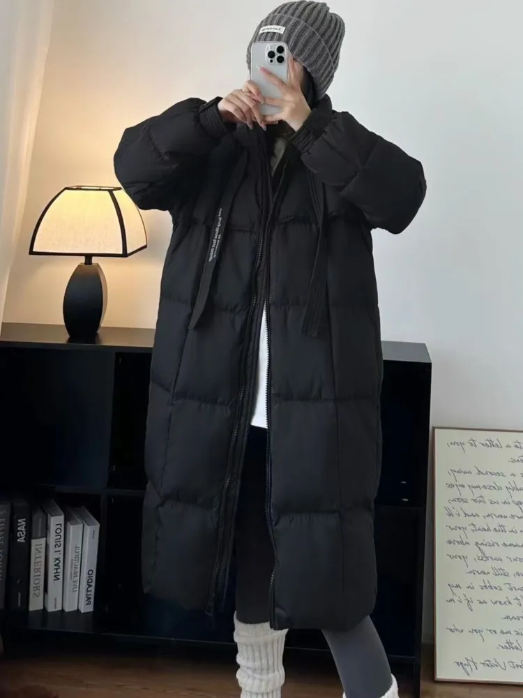 

Winter Basic Casual Women's Long Coat Korean Fashion Female Sash Warm Hooded Zipper Jackets 2025 Work Overcoat Fall Clothes