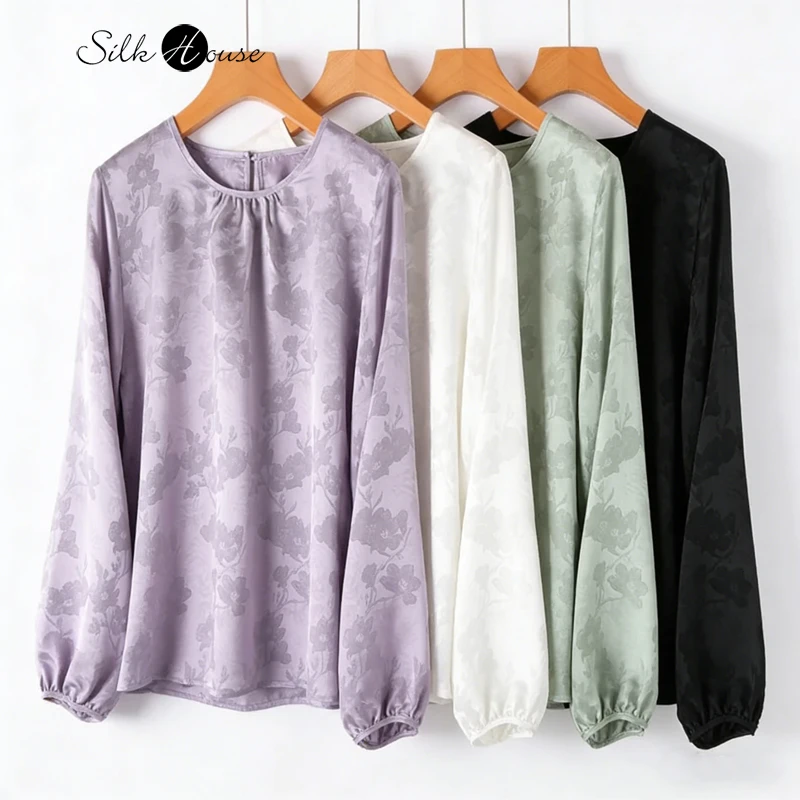 

Романтичная освежающая женская повседневная футболка из 100% натурального шелка тутового шелкопряда с жаккардовым узором, однотонная, атласная, с круглым вырезом, длинными рукавами, свободного кроя