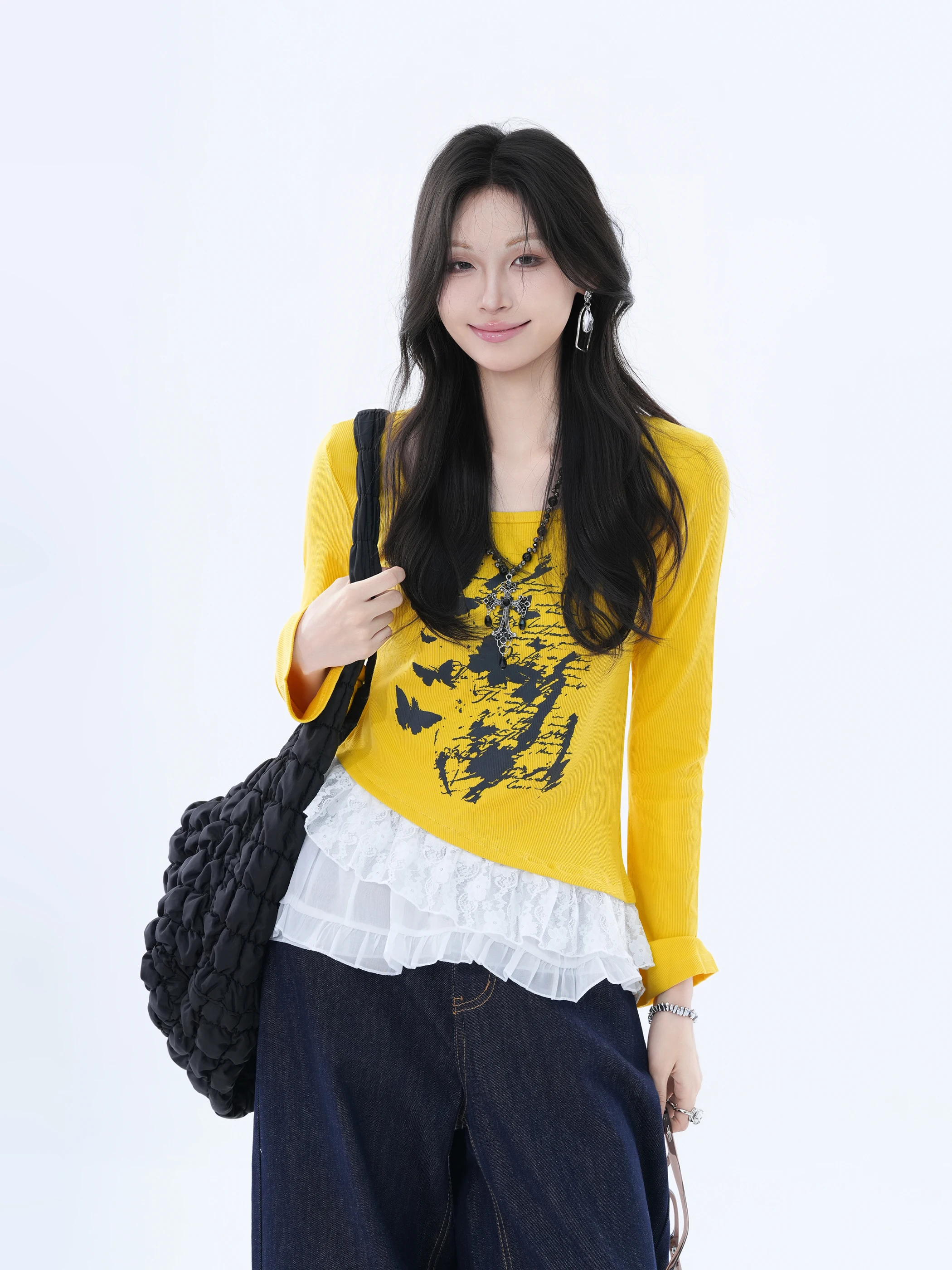 

Облегающая длинная футболка Sve, женская желтая кружевная подол, уличная футболка из хлопка и полиэстера, основа irt Sweet Cool Girl Ciwalk