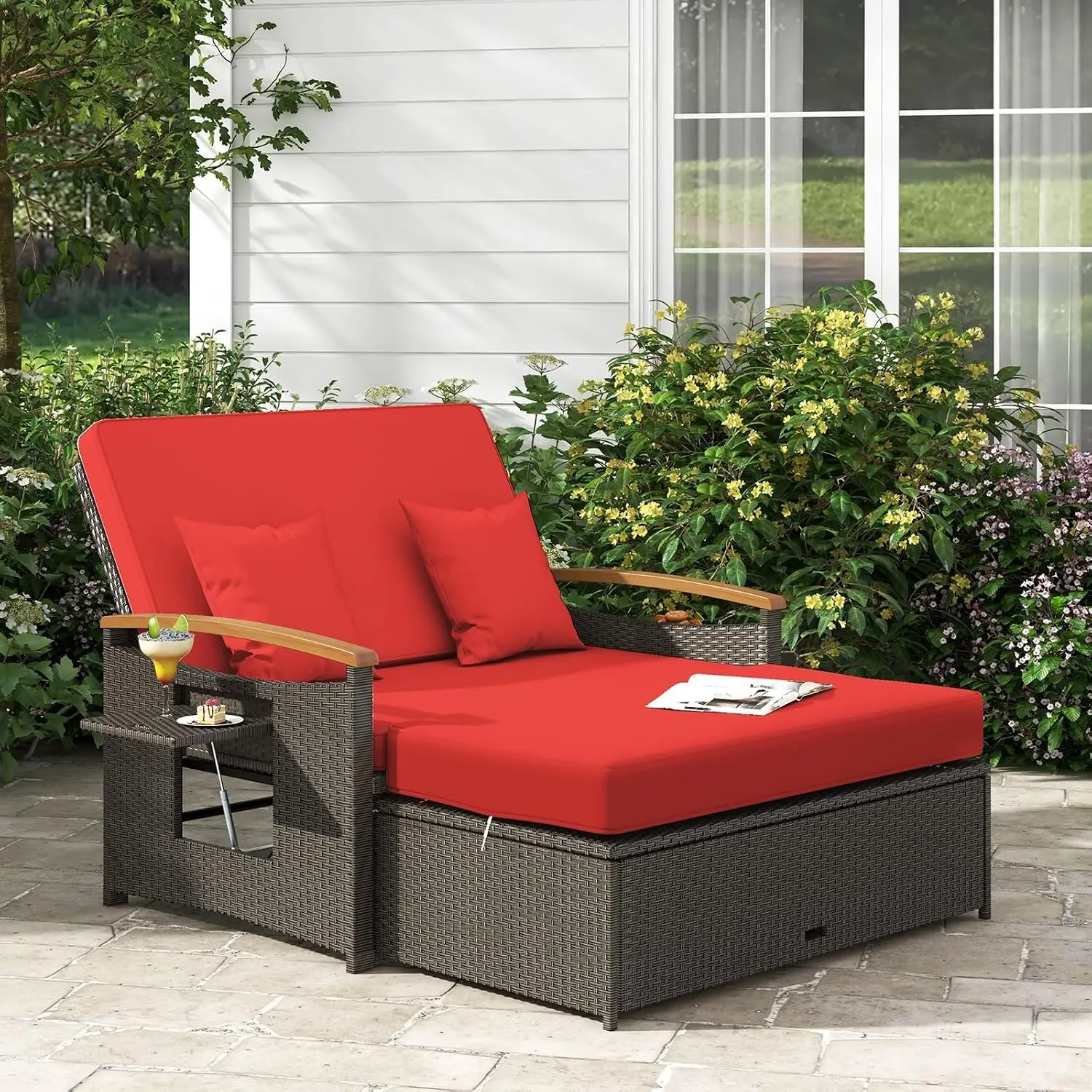 Wicker Rattan Outdoor Daybed w/Storage Ottoman, Adjustable Chaise Lounge w/Retractable Trays, 2-Person Sunbed, Customized