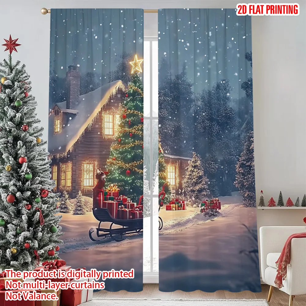 

2pcs 2D flat printing Christmas Window Drapes Christmas Lodge 0 Versatile 100% Polyester Without Electricity Holiday Decorations