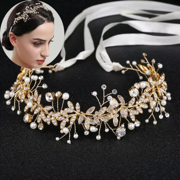 Pearl Rhinestone Women Headband Wedding Hair Accessories For Women Bride Tiara Headband Hair Jewelry Gold Color Hairband Gifts