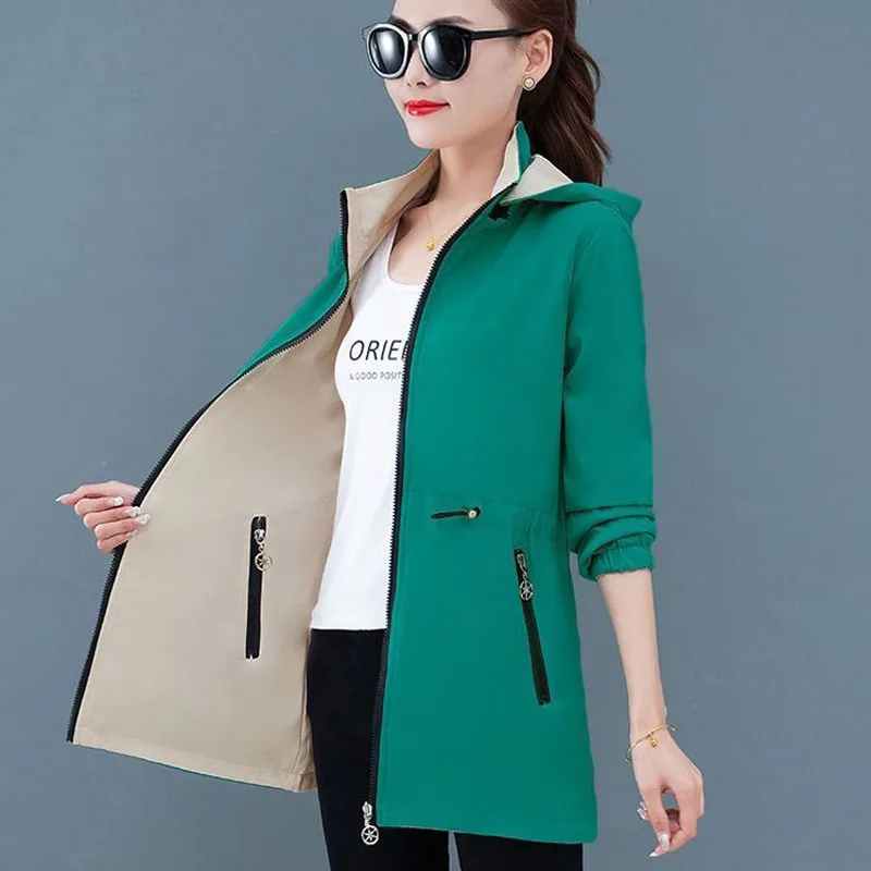 

Тренчкот женский двусторонний средней длины с капюшоном, Осень-зима