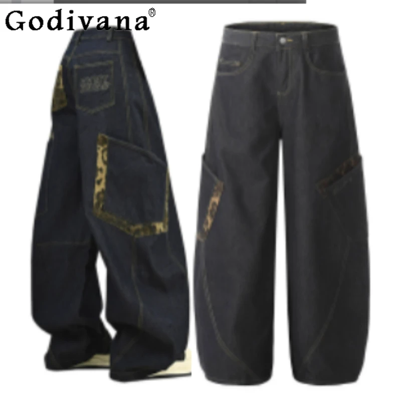 

Джинсы для отдыха большого размера в американском стиле ретро с леопардовым принтом, женские осенние модные универсальные свободные широкие брюки с высокой талией