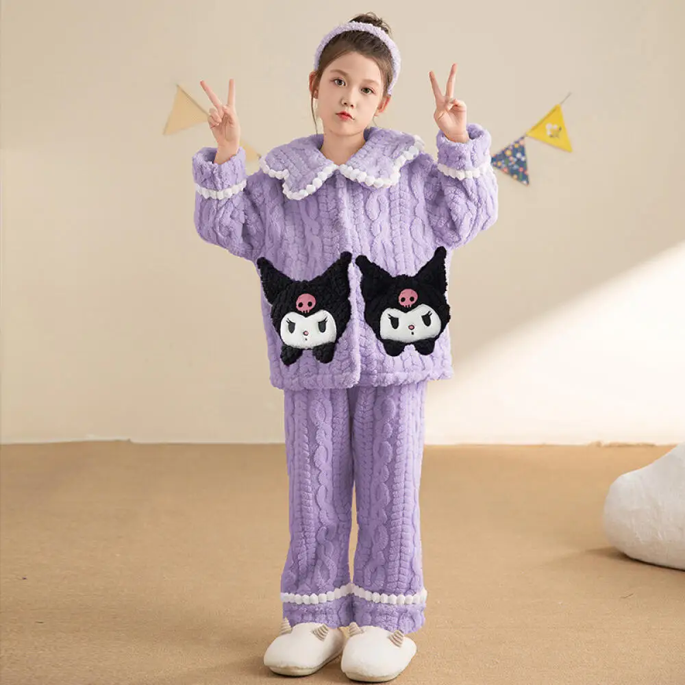 

Kawaii Sanrio Kuromi Children's Autumn and Winter Pajama Set My Melody Cinnamoroll Girls Thickened Flannel Winter Lounge Clothes