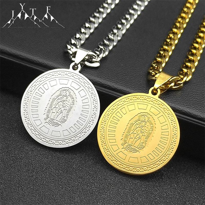 

Christian Virgin Mary Jesus Round Medal Necklace for Women Men Stainless Steel Gold Color Hip Hop Male Jewelry Party Gift