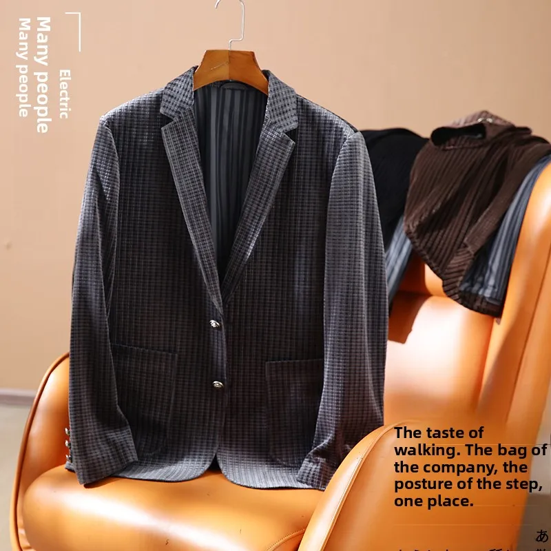 

Imported Silk Luster Plaid Casual Men's Suit High-End Busin Faion Urban Sle Long Sve Stand Fit Two Button Single...
