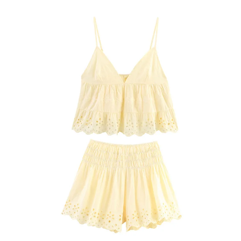 

2025 Summer New European and American Style Women's Fashion Sexy Spicy Girl Embroidered Poplin Top Shorts