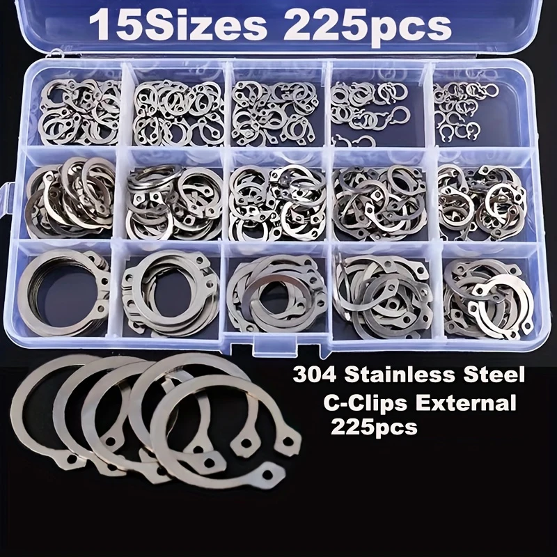 

225pcs C-Clips External Retaining Ring Kit 304 Stainless Steel Circlips Internal External Retaining Circlips Assortment Kit