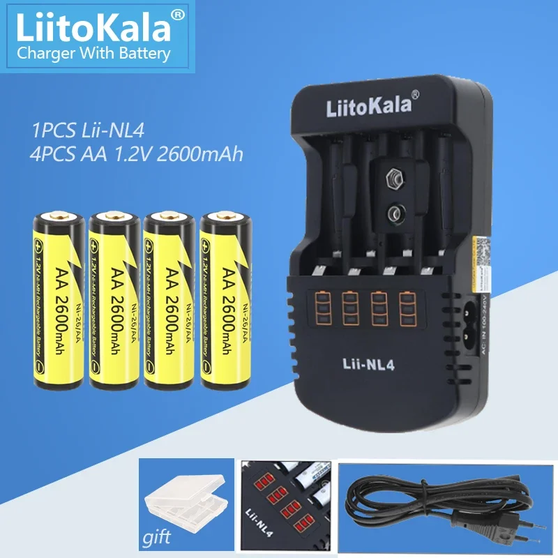 Liitokala 4ชิ้นแบตเตอรี่แบบชาร์จไฟได้1.2V AA 2600mAh/AAA 1000mAh Ni-MH สำหรับปืนอุณหภูมิรีโมทคอนโทรลเมาส์ของเล่นแบตเตอรี่ + NL4