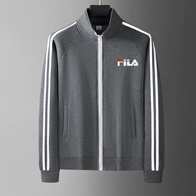 Men Casual Sports Jacket Stand Collar Full Zip 3 White Stripes Letter Graphic Print Long Sleeve Sportswear Male Training Daily
