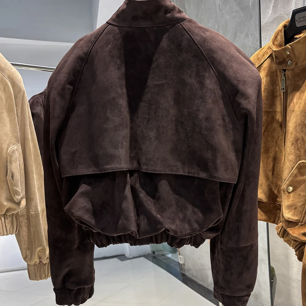 YOLOAgain Suede Leather Jacket Coat Women Real Leather Cropped Jacket Bomber Jacket