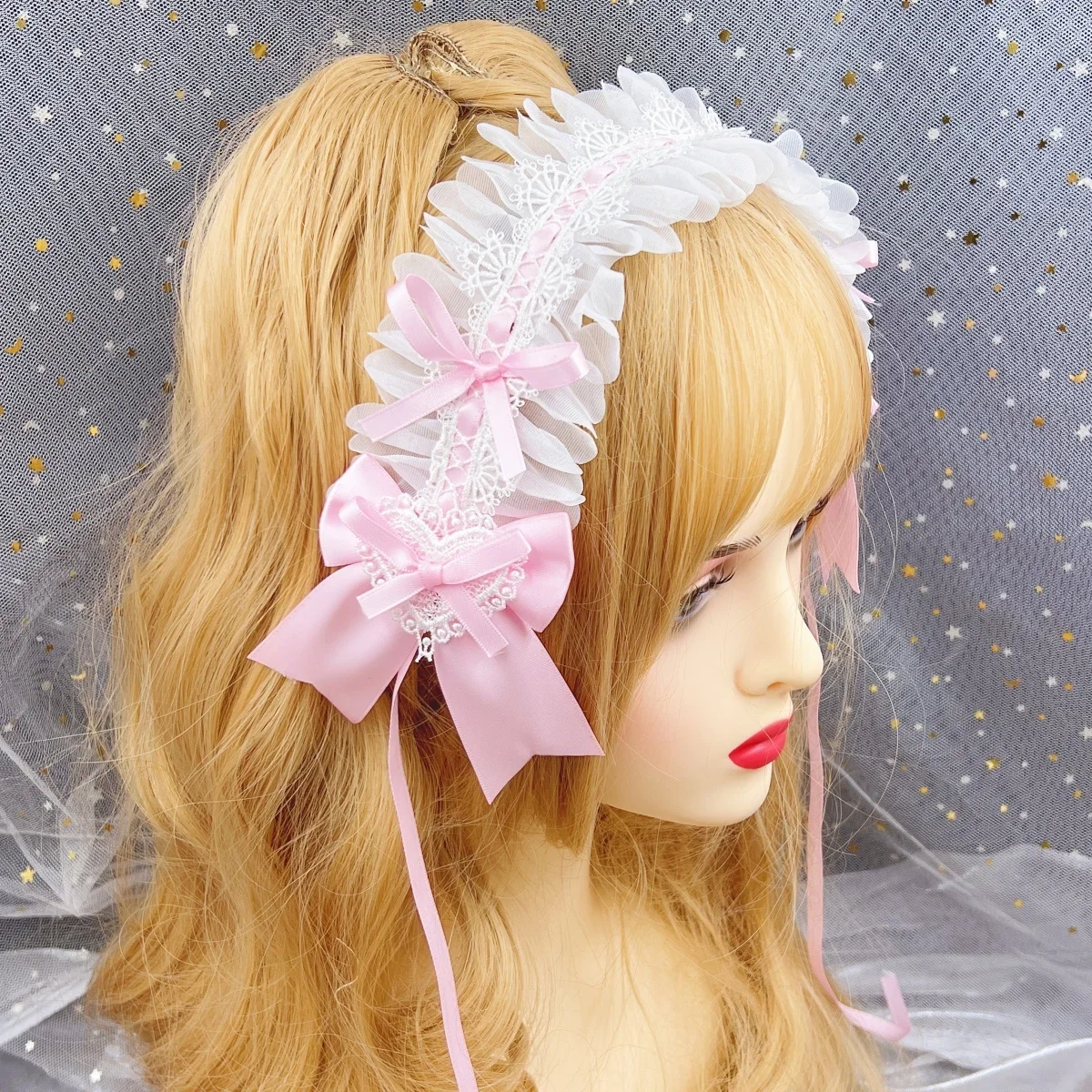 Japanese Girl Maid Cosplay Lolita Wide Lace Headband Bow Ruffles Hair Band Cross Headdress