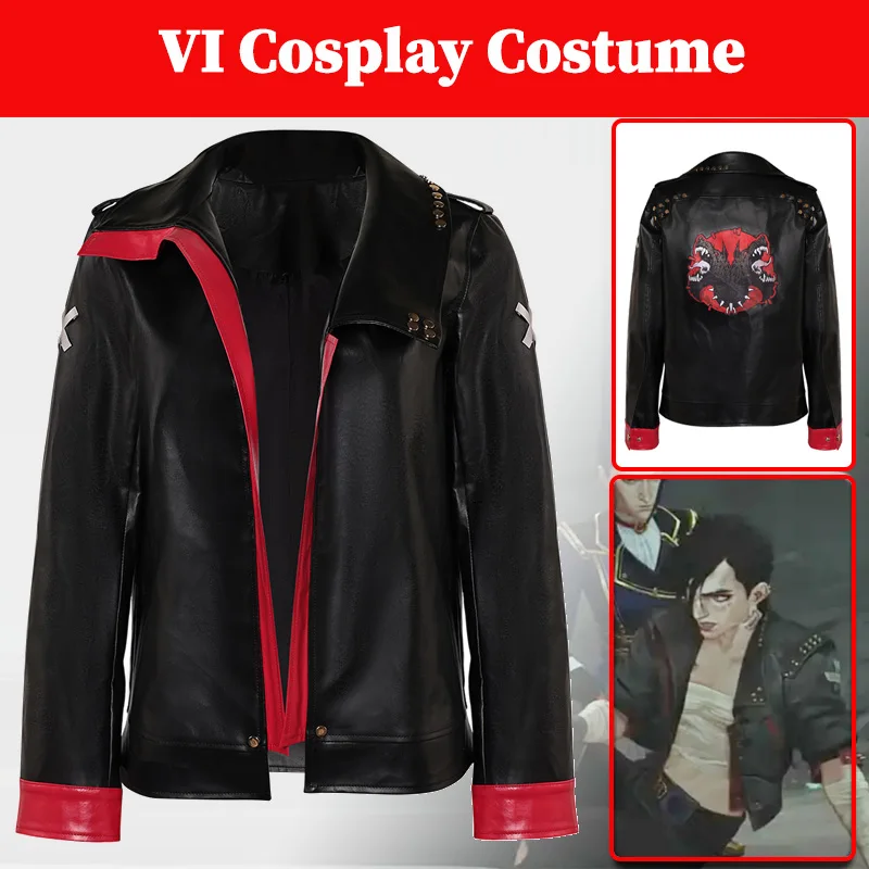 Arcane Season 2 Vi Cosplay Red Black Jacket Costume Game LOL Black PU Leather Tops Coat Women Adult Halloween Outfits Customized