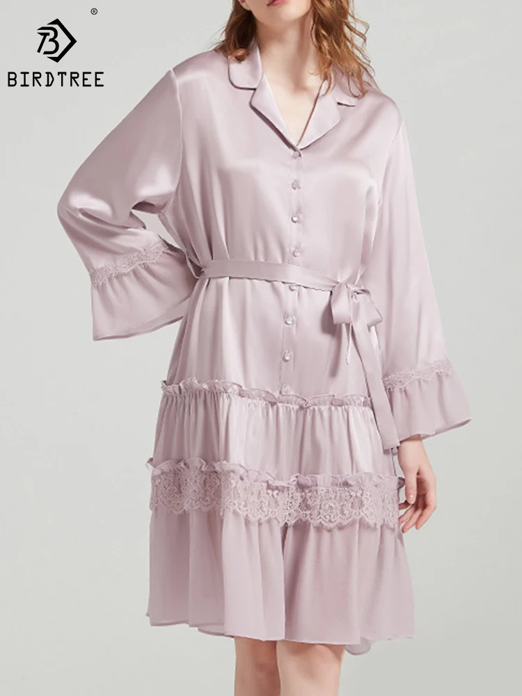 

Birdtree 19MM 100%Mulberry Silk 6A Nightdress Long Sleeve Lapel Lace Panels Elegant Comfortable Breathable Loungewear P3N257QD