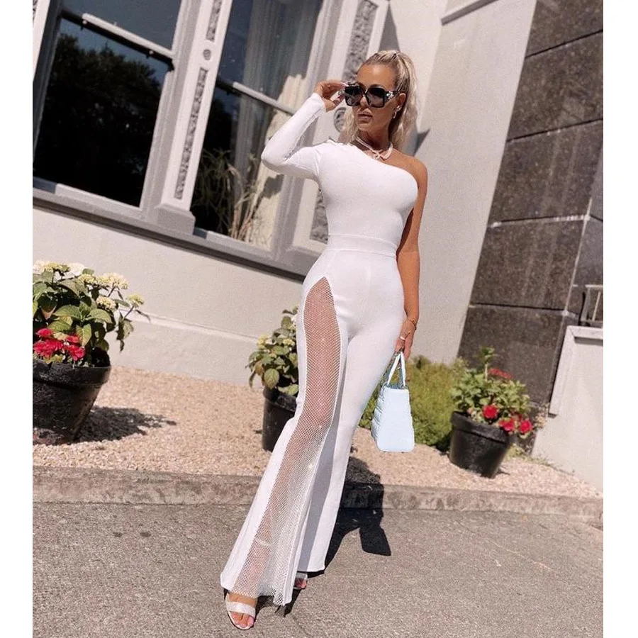 High Quality One-Shoulder Women‘s Jumpsuit High Spandex High Waist Women One-Pieces Cloth Elegant Party Wear With Mesh Rainstone