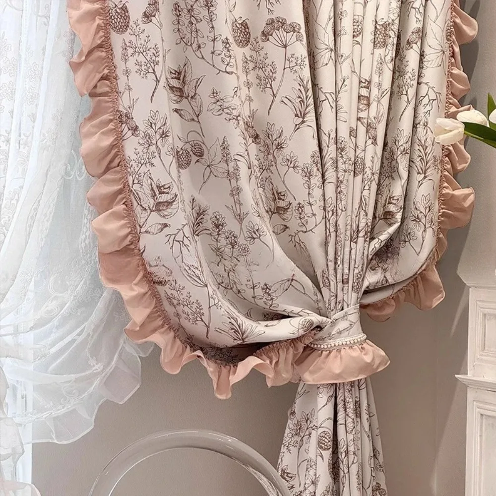 French Retro High-end Elegant Girlish Feel Bedroom Living Room Curtain Blackout Apricot Pine Cone Flower Print Chenille Curtain