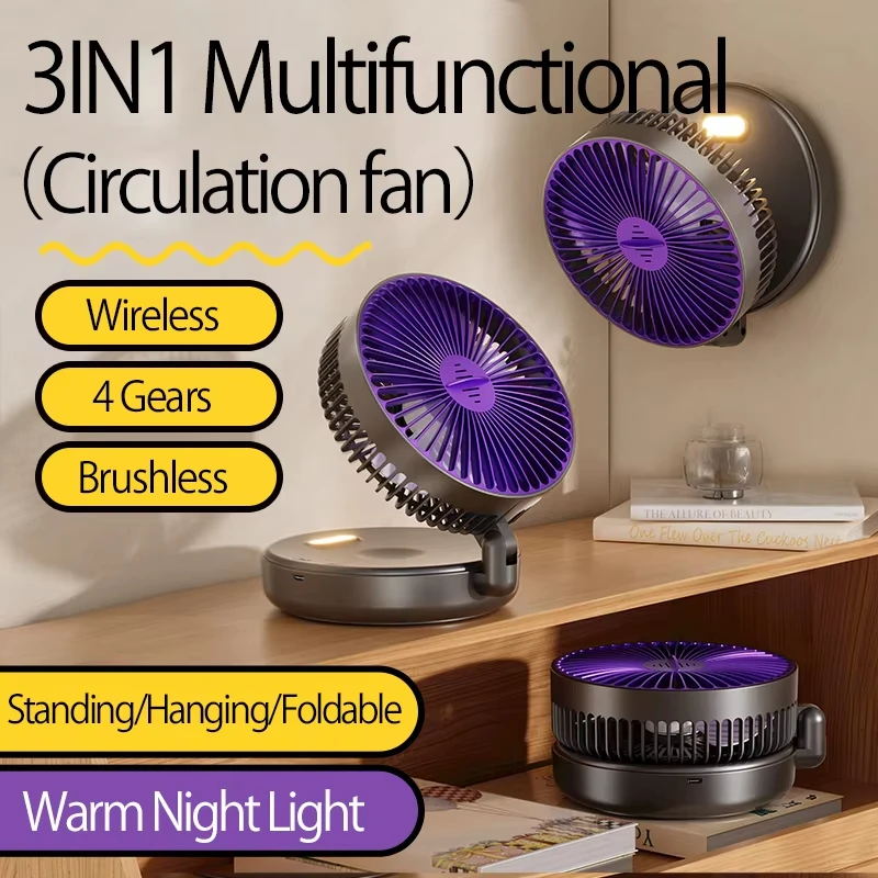 2025 nuevo ventilador de escritorio recargable 3 en 1 5000mAh ventilador montado en la pared 90 °   Ventilador USB plegable de 4 velocidades con luz nocturna cálida - imagen 5